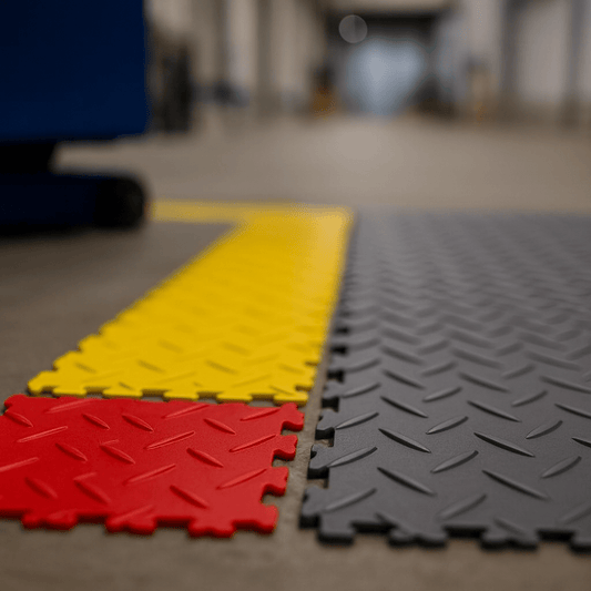 Bandes de marquage PVC Fortelock rouge, jaune et gris clipsées au sol dans un atelier industriel propre et moderne.