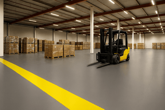 Chariot élévateur circulant dans un entrepôt équipé de dalles PVC Fortelock Industry Ultra desing Cuir (2420), illustrant la résistance du sol et son utilisation en environnement industriel.