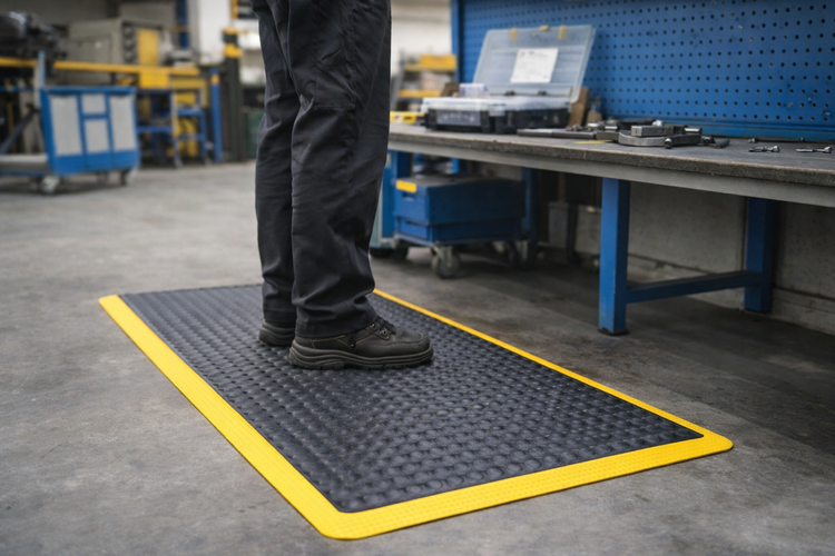 Tapis anti-fatigue à bulles noir et jaune avec bords de sécurité, utilisé en poste de travail debout dans un atelier industriel