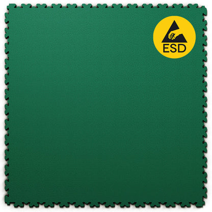 Dalle PVC clipsable Fortelock ESD XL 4mm - Verte. Solution idéale pour les zones nécessitant une protection contre l'électricité statique, comme les laboratoires, salles techniques et ateliers. Format XL pour une installation rapide et efficace.