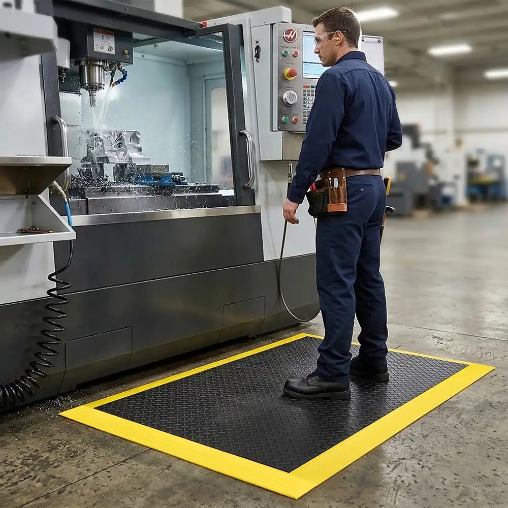 Sol anti-fatigue Tough Lock devant une machine CNC