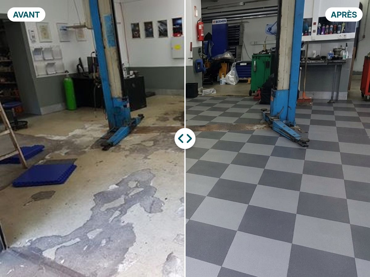 Garage avant et après : sol en dalles PVC clipsables Fortelock Invisible en damier, rendu par le visualiseur IA Matted